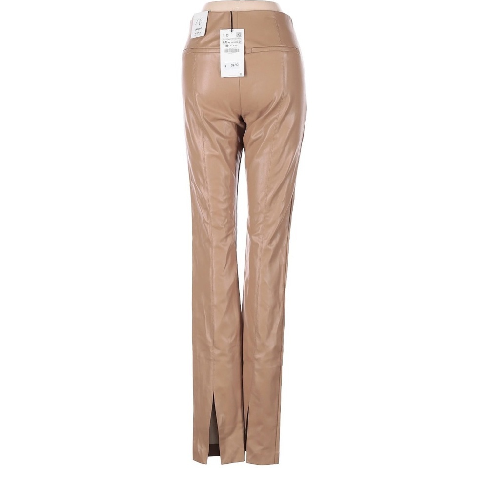 Zara Tan Faux Leather Split Hem Pants Side Zip High Rise Vegan Leather XS NWT - Picture 4 of 7
